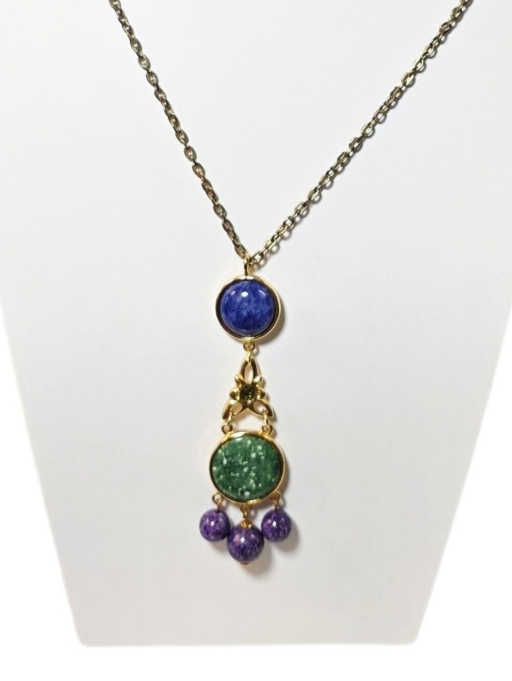 Blue, Green & Purple Pendant Gold-tone Long Necklace
